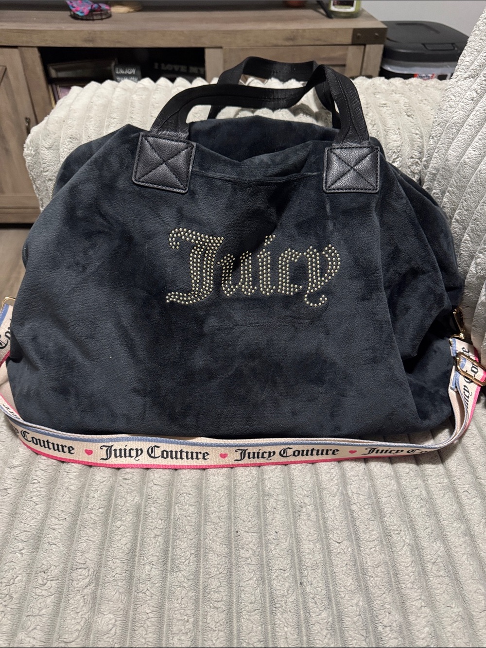 Juicy Couture Black Velour Tote with Branded Pink and Blue Trim Strap